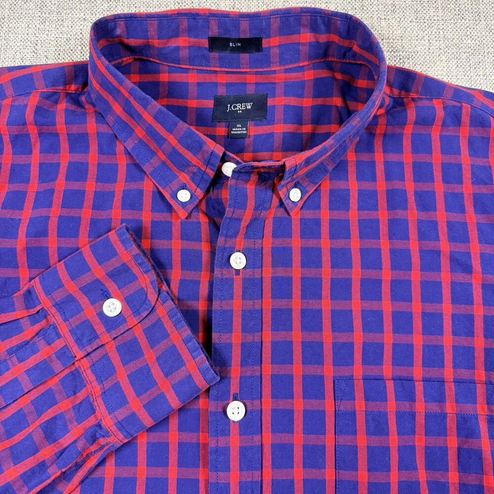 J Crew Mens XL Gingham Check Cotton Long Sleeve Shirt Slim Fit Pocket Red Blue